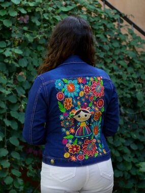 Women’s Dark Blue Artsy Denim Jacket with Sunflower Embroidery